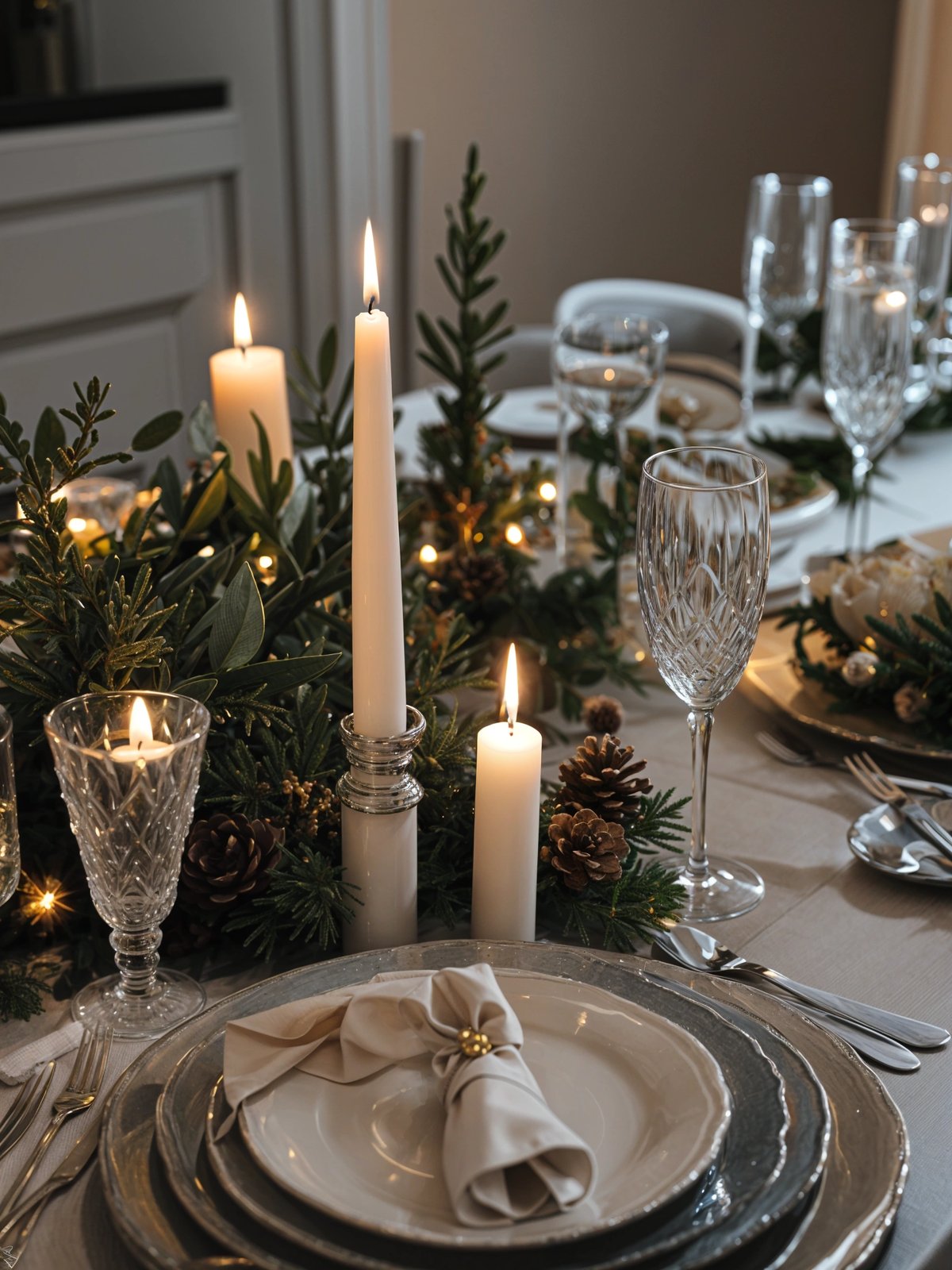 A fancy dinner table set for a special occasion. The table is adorned with candles and wine glasses, creating a warm and inviting atmosphere.