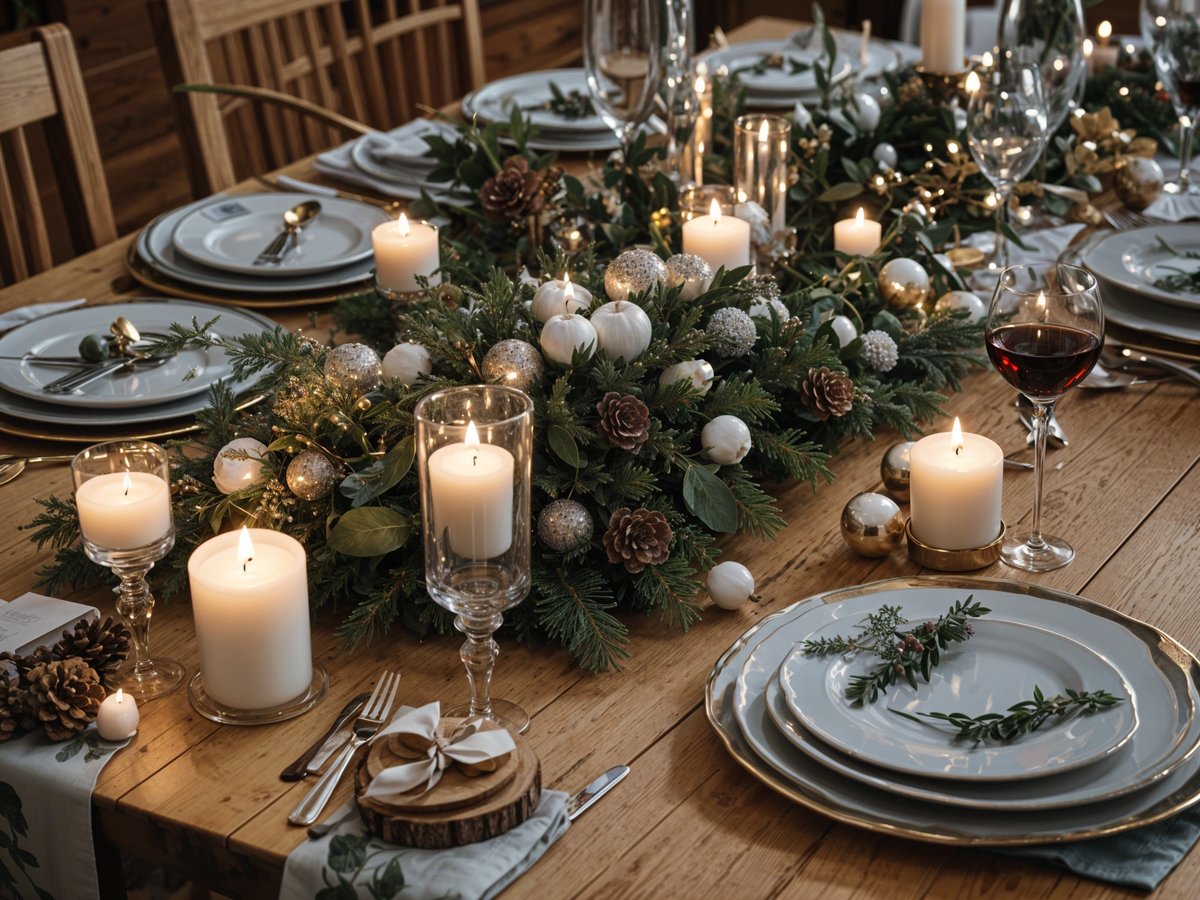 A table set for Christmas dinner with candles and a centerpiece of pine cones and holly.
