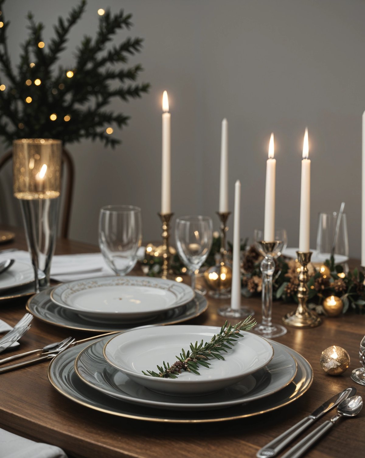 A dinner table set with candles, pine branch, and rosemary. The table setting includes forks, knives, and spoons, as well as wine glasses and cups.