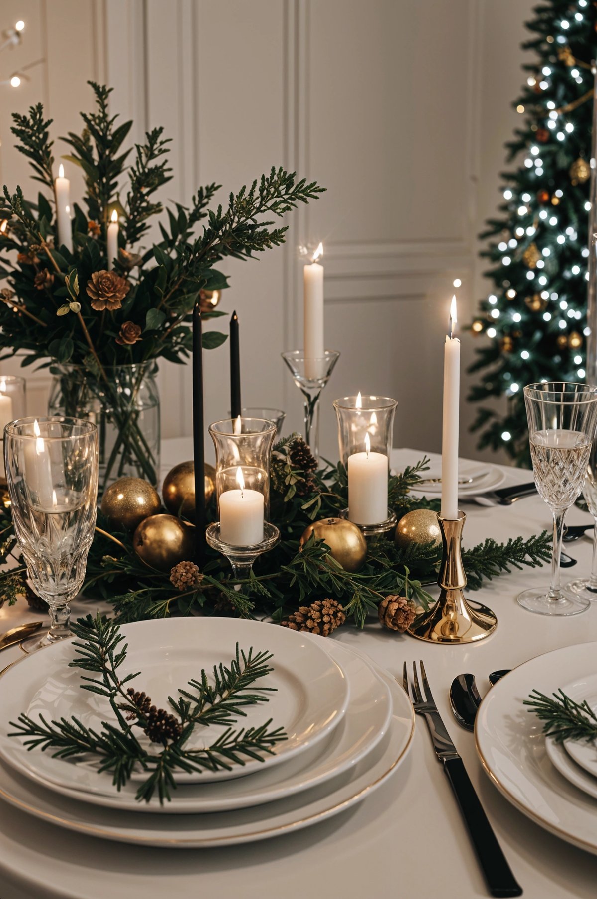 A dinner table set with candles, gold ornaments, and a pine tree in the background. The table is set with plates, forks, knives, and wine glasses.