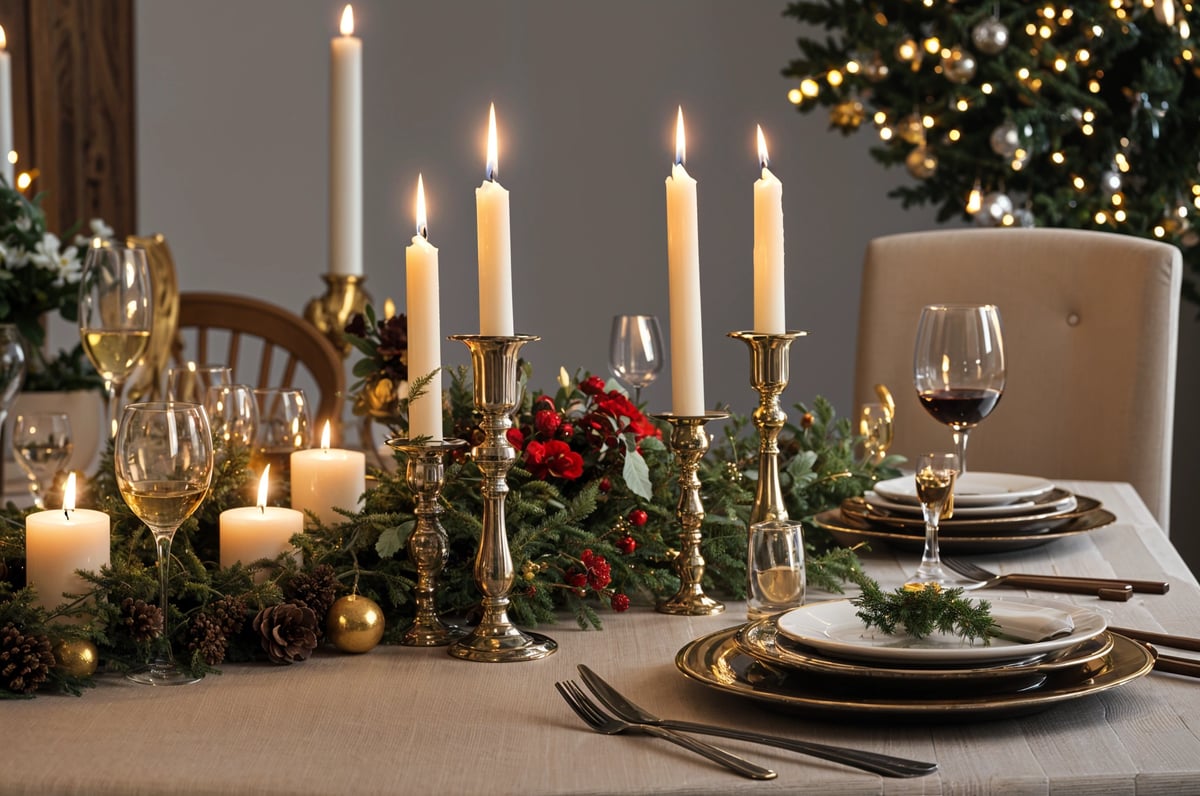 A dinner table set with candles, wine glasses, and plates. The table is adorned with a beautiful centerpiece of red berries and greenery.