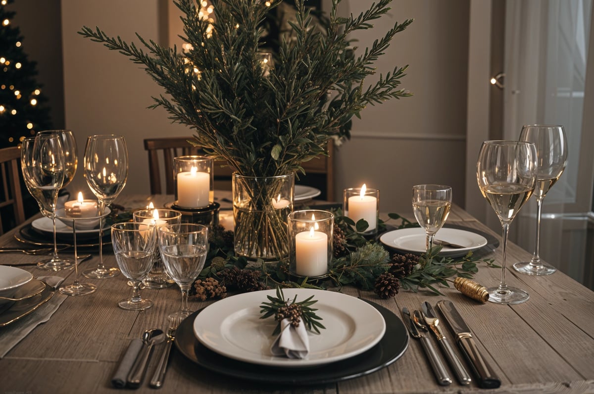 A dinner table set for two with candles, greenery, and wine glasses.