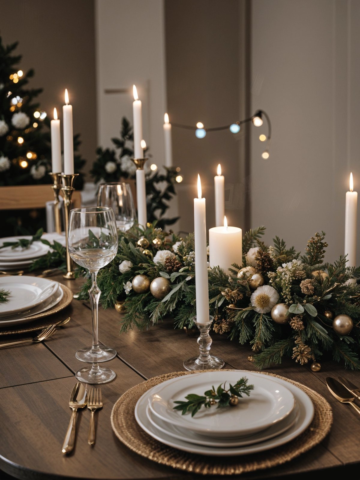 A dinner table with candles and a wreath, set for a holiday meal.