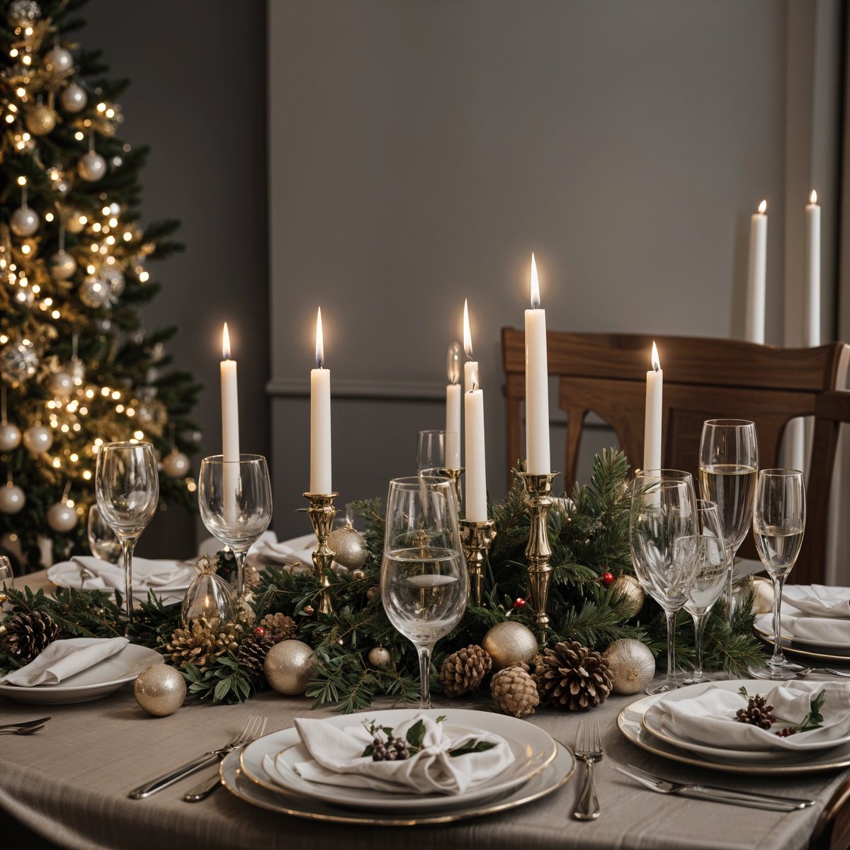 A dinner table set for two with candlelight and a Christmas tree in the background.