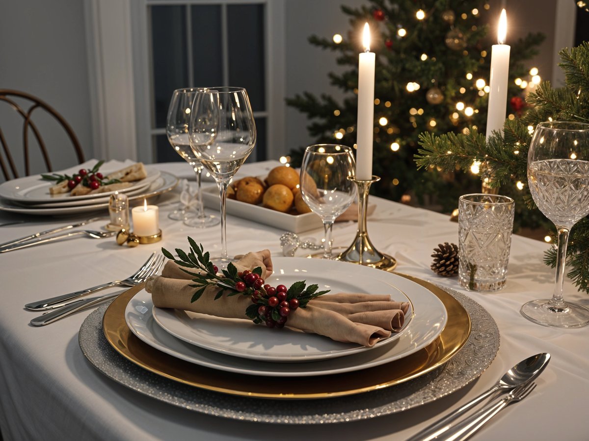 A table set for a holiday dinner with a white tablecloth, candles, wine glasses, and a centerpiece of berries and greenery.