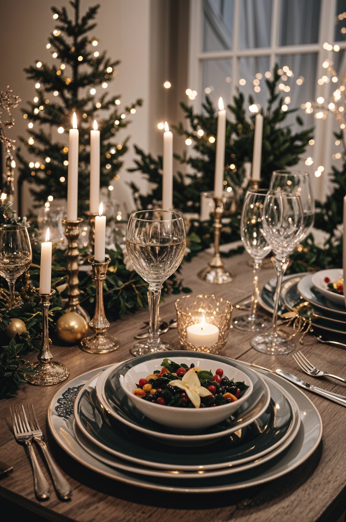 A dinner table set with candles, wine glasses, and a bowl of fruit and vegetables.