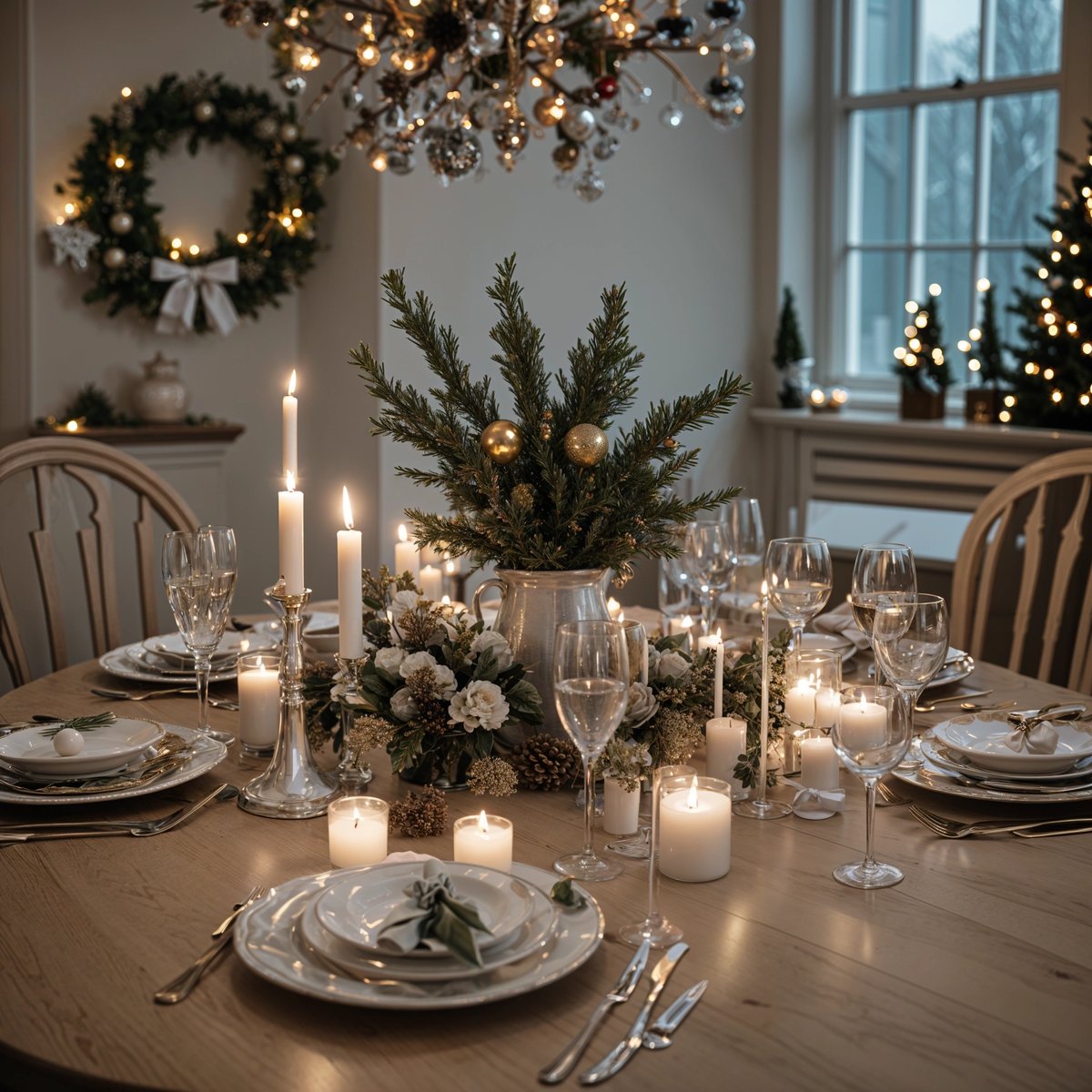 A dinner table set for a holiday dinner with candles, wine glasses, and a centerpiece of flowers and a potted plant.