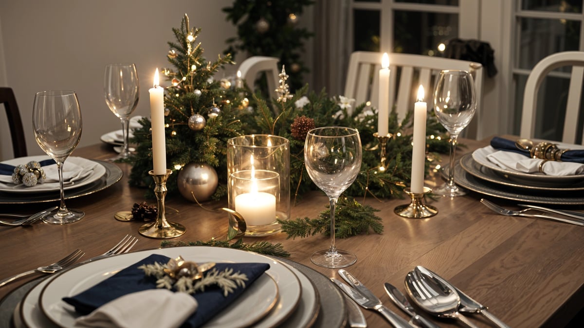 A dinner table set for Christmas with candles and wine glasses.