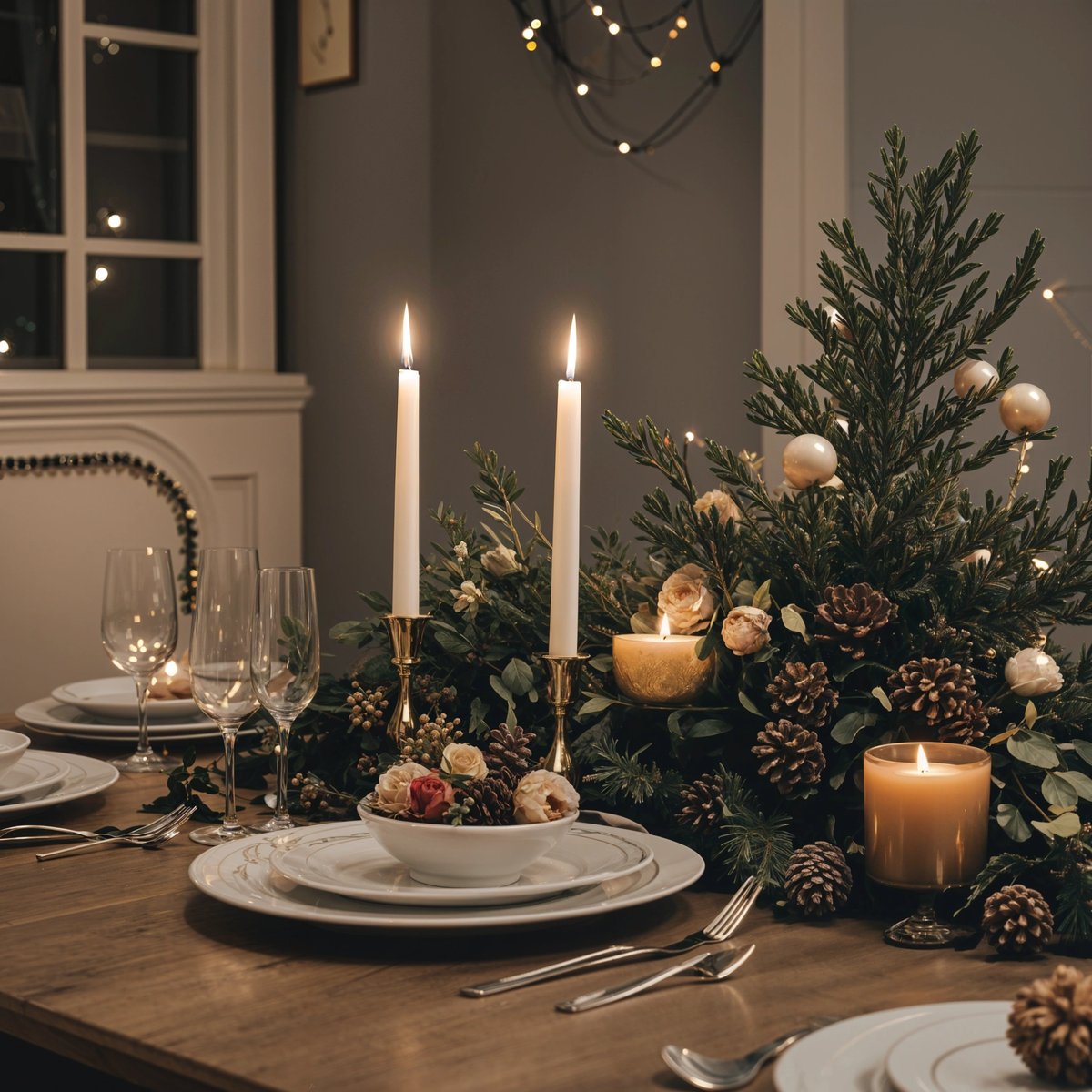 A dinner table set for two with candles, plates, and silverware. The table is adorned with a Christmas tree and pinecones, creating a festive atmosphere.