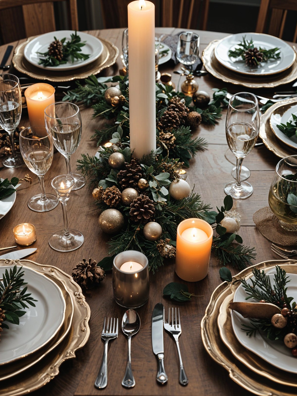 A table set for a holiday meal with candles, wine glasses, and a centerpiece of pine cones and berries.