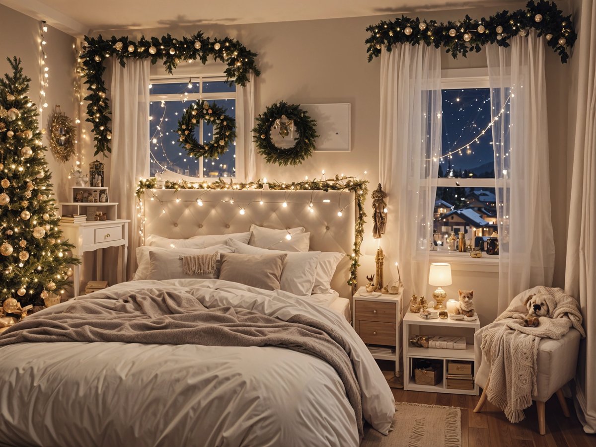 A bedroom with a bed, nightstand, and window. The bed is covered in a white comforter and has a white headboard. The room is decorated with Christmas lights and wreaths.