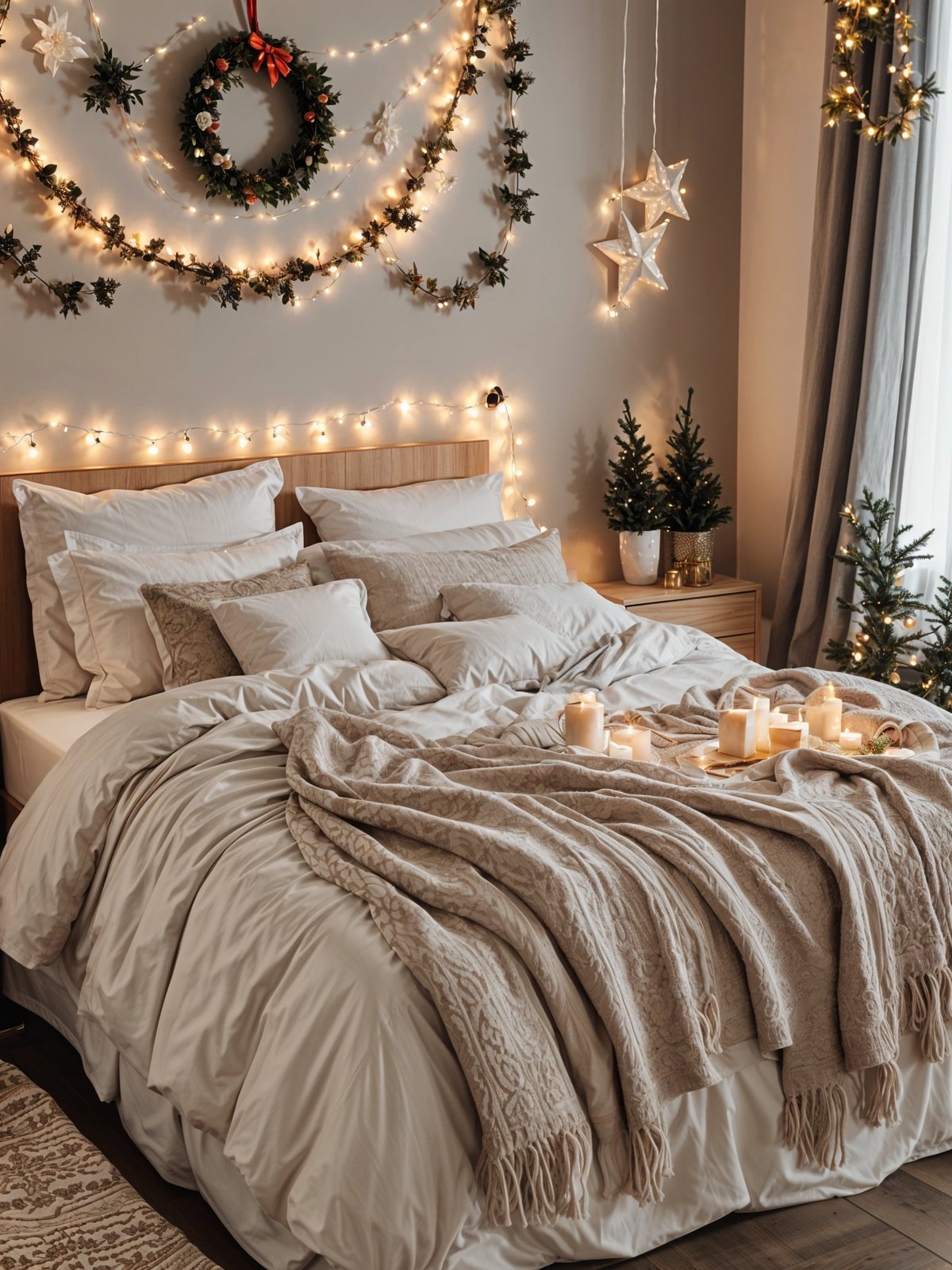 A bedroom scene with a bed, candles, and lights. A Christmas tree is in the background.