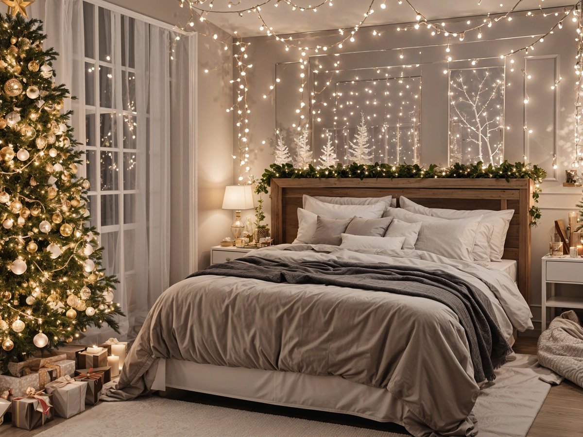 A bedroom scene with a bed in front of a Christmas tree and lights. The bed is covered with a grey comforter and white pillows.