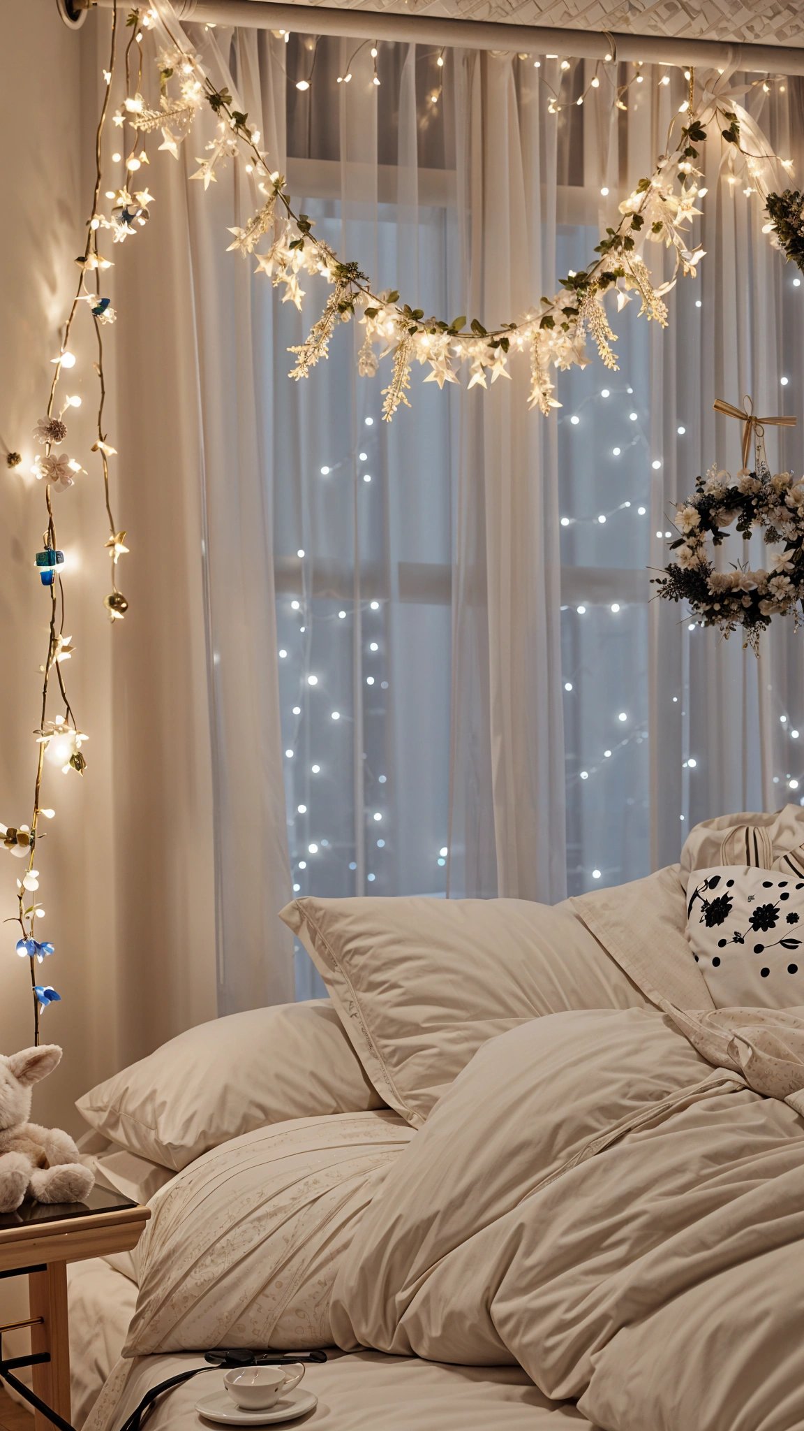 A bedroom scene with a bed, window, and lights. The bed is covered with white sheets and pillows, and the window has white curtains and lights on it.