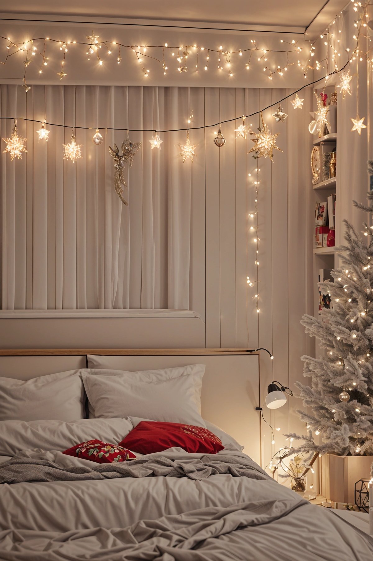 A bedroom scene with a bed, Christmas tree, and lights. The bed is covered with a white comforter and has a red pillow on it.