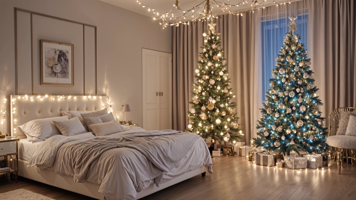 A bedroom with a white bed and two lit Christmas trees. The bed is covered with a white comforter and has a white pillow on it. The room is decorated with Christmas lights and presents.