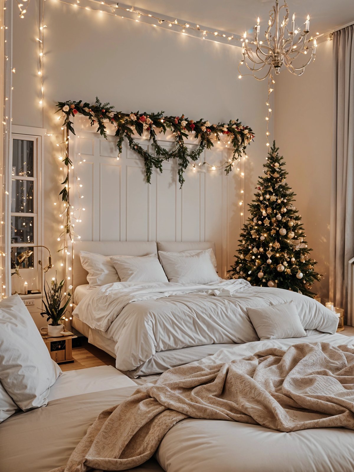 A bedroom with a white bed and a Christmas tree. The bed is covered in white sheets and has a white comforter. There are two pillows on the bed. The room is decorated with Christmas lights and a garland. The bed is positioned in front of a window.
