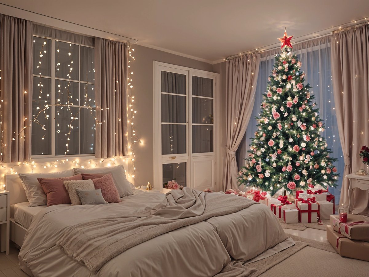 Bedroom with a Christmas tree and presents in front of a window. The bed is unmade and the room is decorated with lights. The bed has a white comforter and a pink pillow.