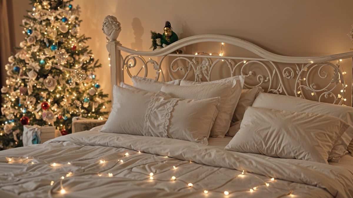 A bedroom with a white bed and Christmas lights. The bed is covered with white pillows and a white comforter.