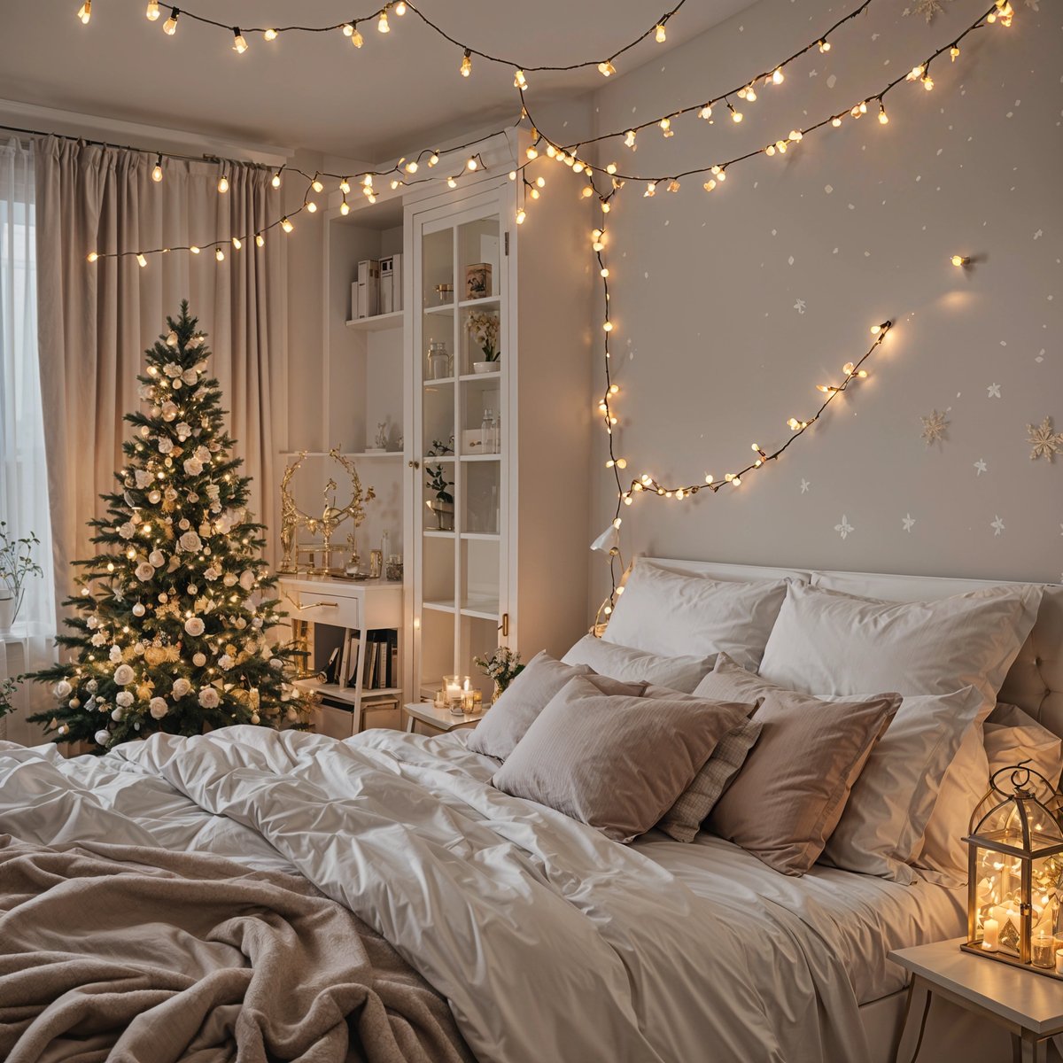 A bedroom scene with a Christmas tree and lights. The bed is neatly made with white sheets and a white comforter. The room is decorated with lights and a Christmas tree, creating a warm and festive atmosphere.