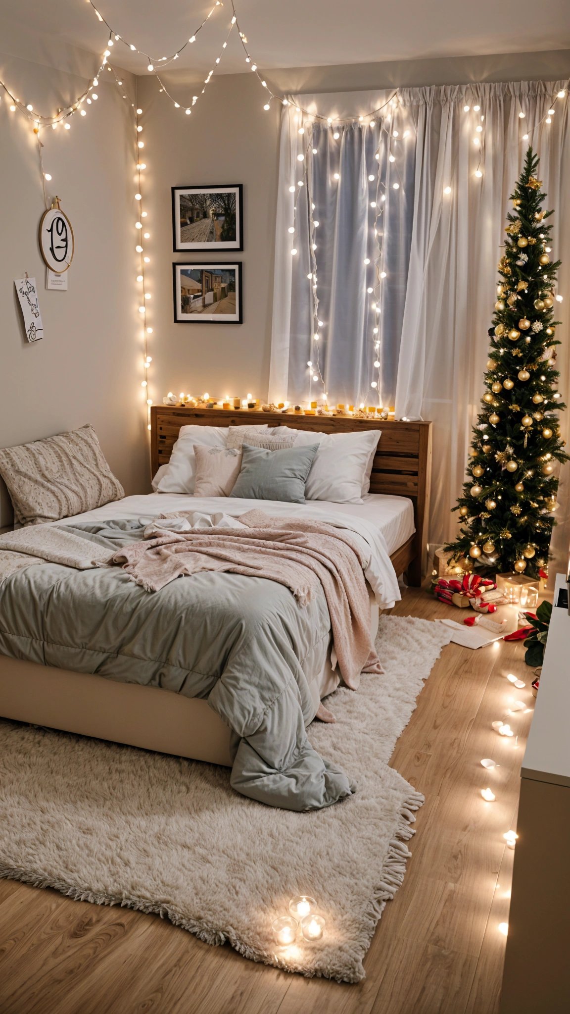 Bedroom with a bed under a window and a Christmas tree. The bed is covered with a white comforter and has a pink blanket on top.