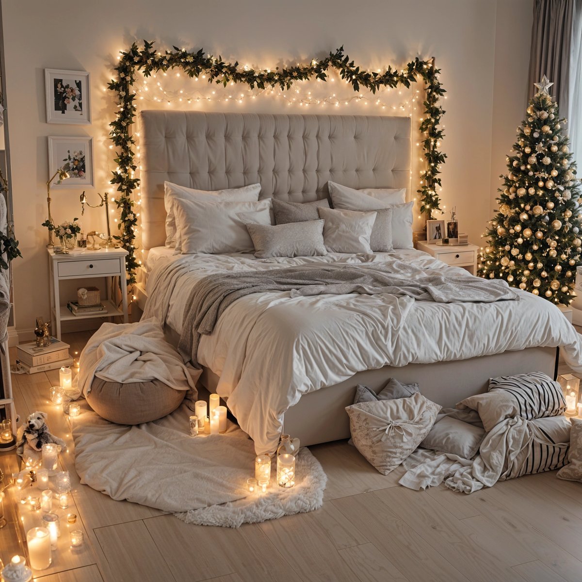 A bedroom with a bed and a Christmas tree in the corner. The bed is covered in white sheets and has a white comforter. The room is decorated with candles and a Christmas wreath.