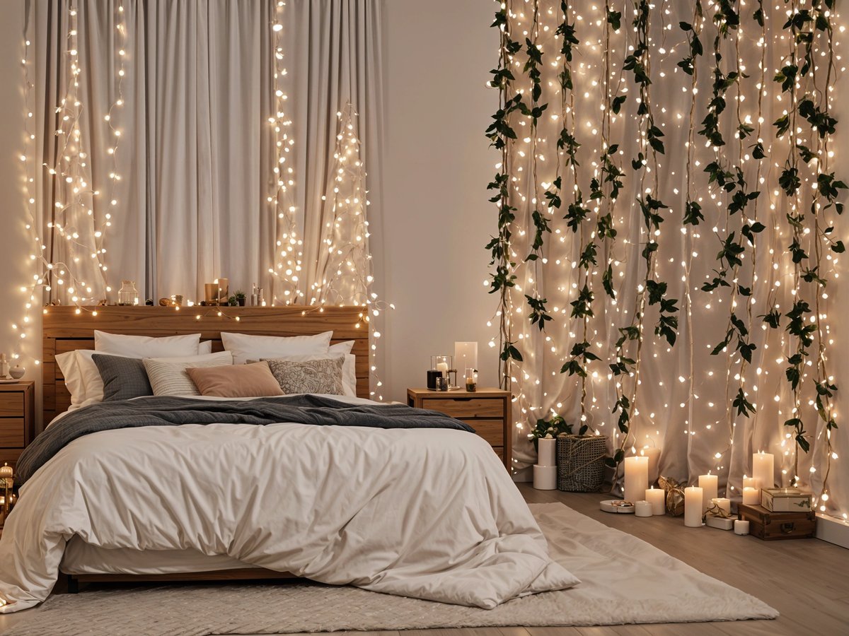 A bedroom with a bed and nightstand, featuring a white bedspread and a white comforter. The bed is adorned with white pillows and a grey blanket. The room is decorated with lights and plants, creating a cozy and inviting atmosphere.