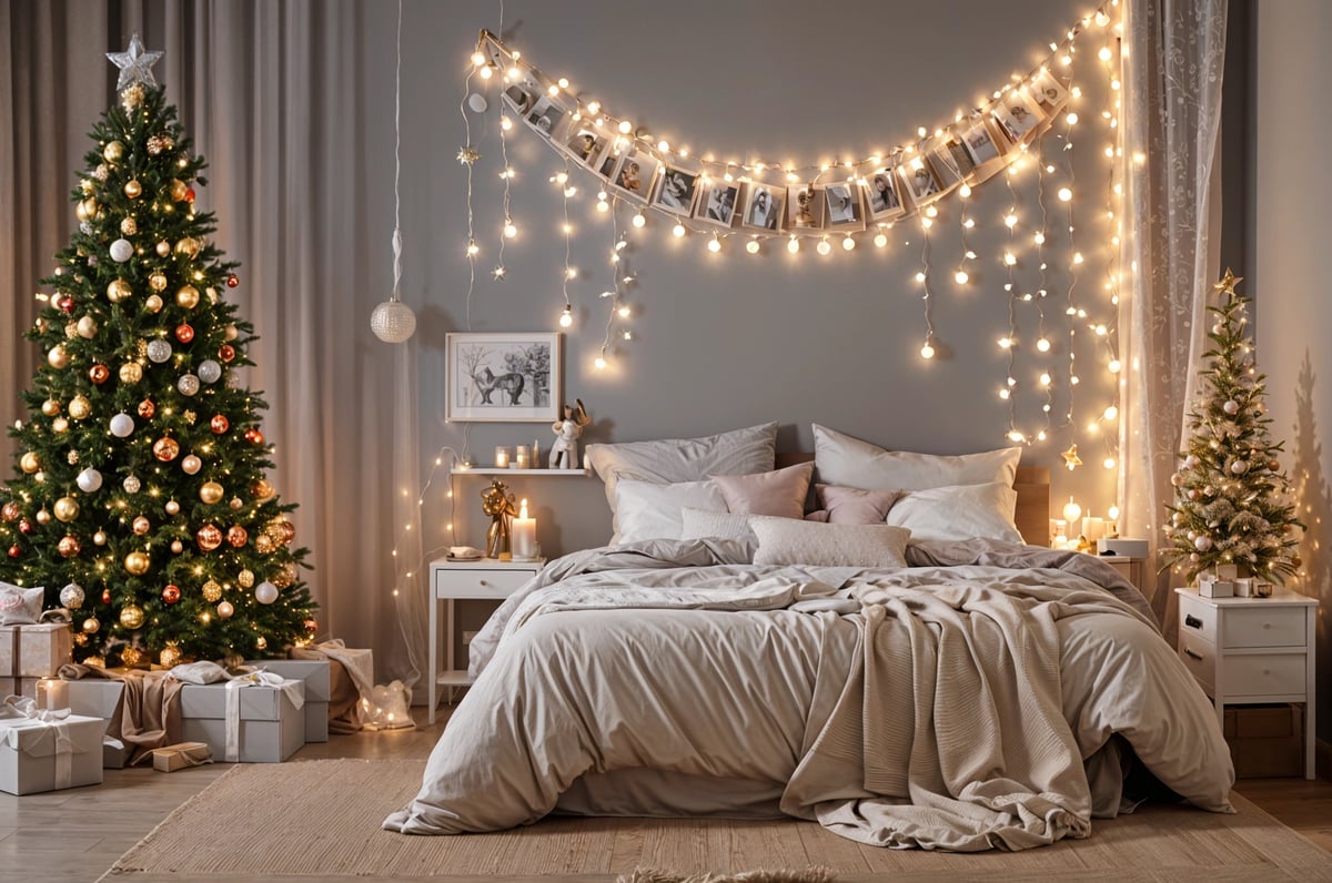 A bedroom scene with a bed under a string of lights and a Christmas tree in the corner.
