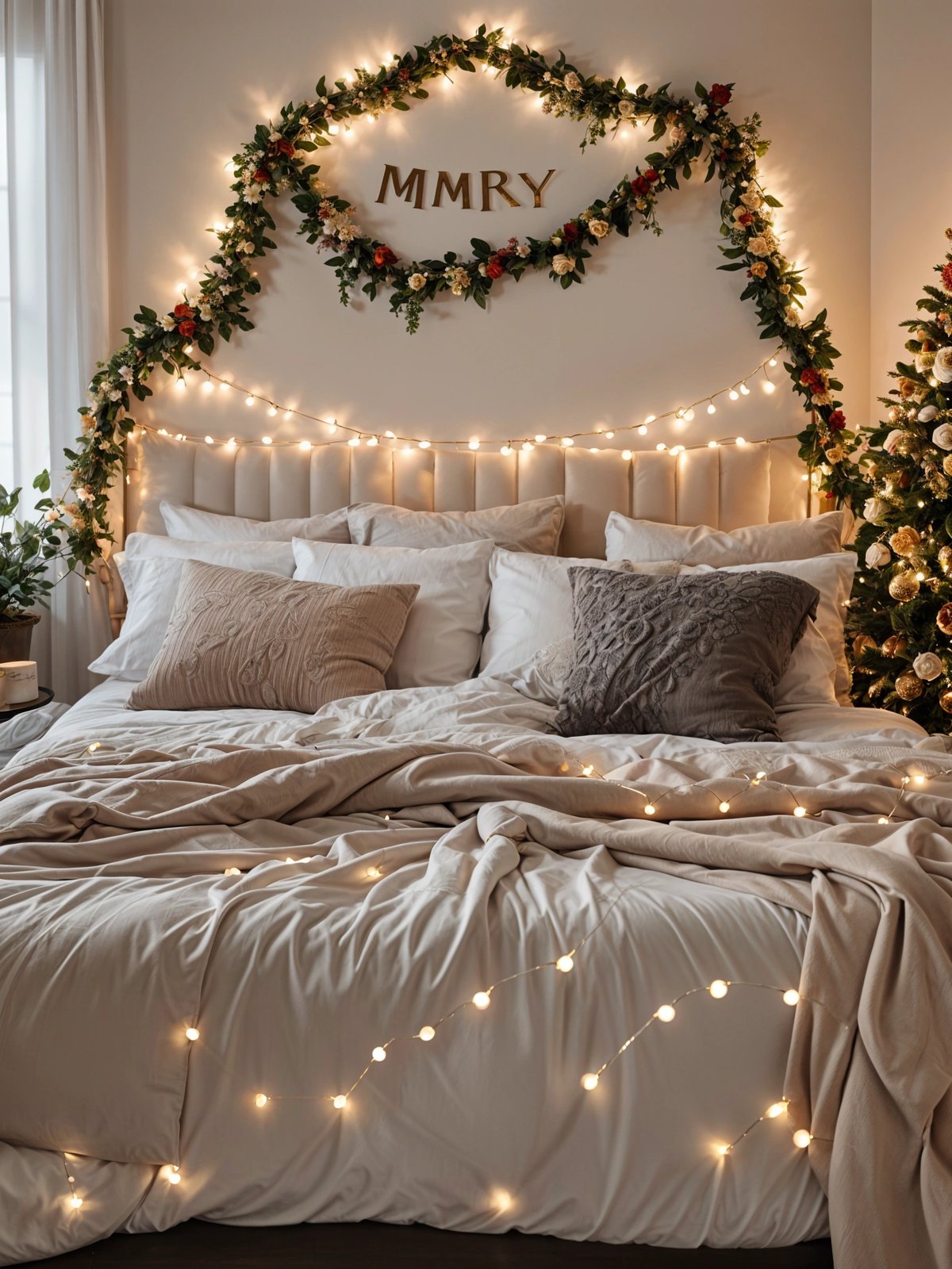 A bedroom with a bed that has a white comforter and a Christmas tree in the corner. The bed is adorned with lights and a garland that reads 'Merry'.
