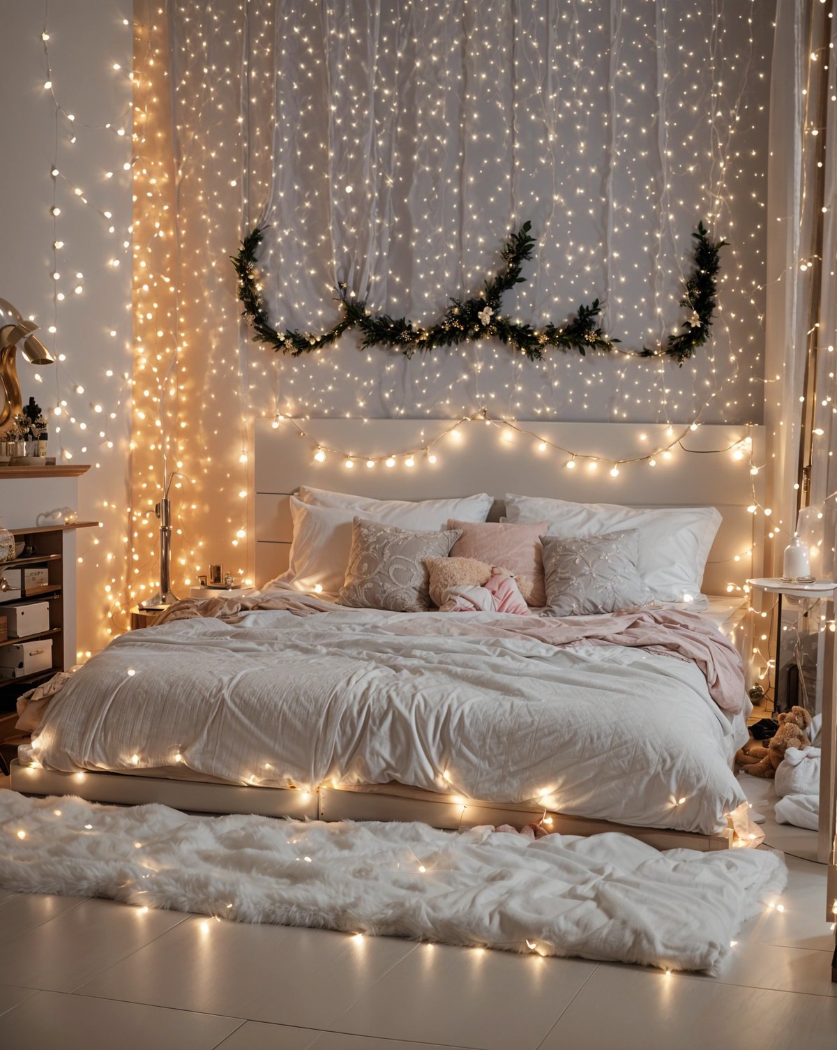 A bedroom with a white comforter and white pillows on a white bed. The room is decorated with white lights.