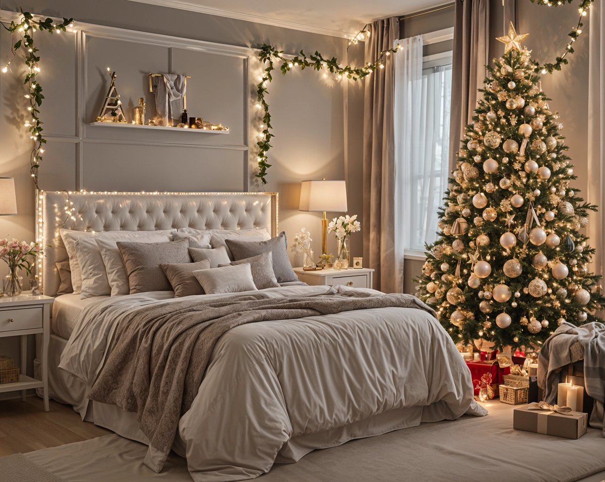 A bedroom with a large bed and a Christmas tree in the corner. The bed is covered in white linens and has a white comforter. The room is decorated with a string of lights and a star garland.