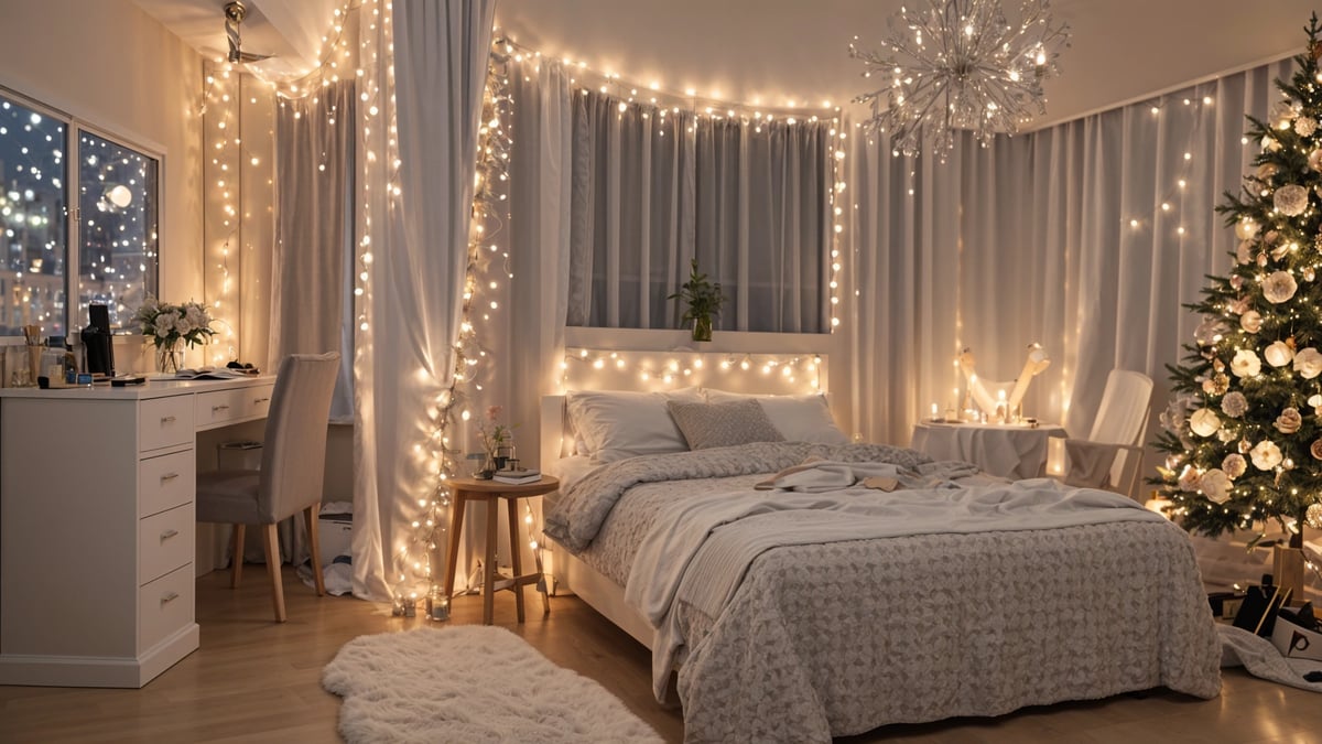 A bedroom with a large bed, string lights, and a potted plant.