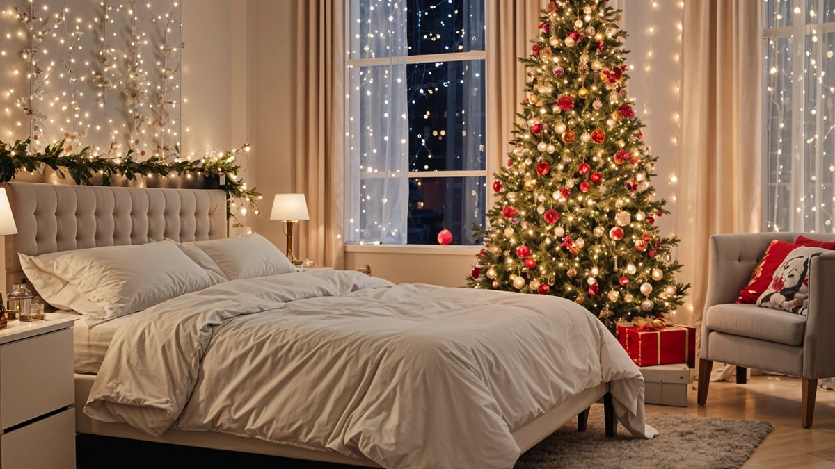 A bedroom with a bed and a Christmas tree. The room is decorated with Christmas lights, and the bed is positioned in front of a window.