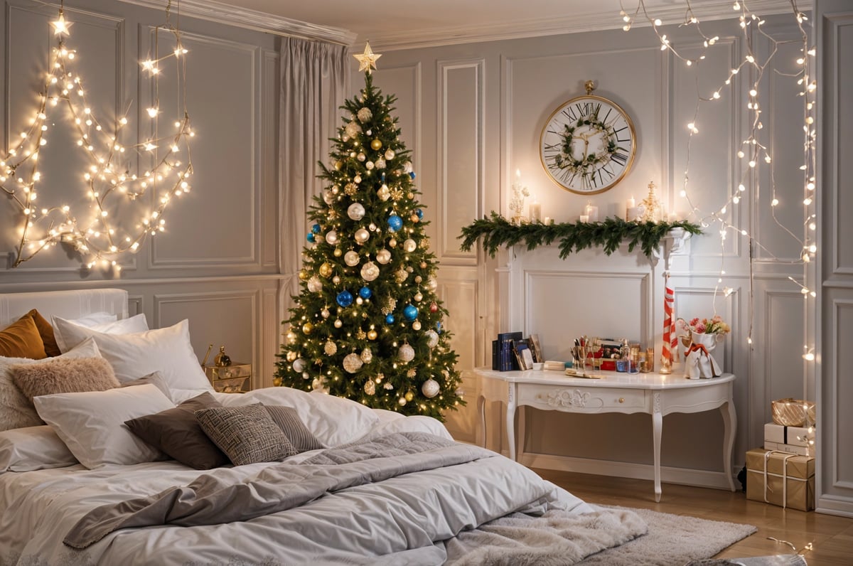 A bedroom with a Christmas tree and a bed. The room is decorated with candles and a clock on the wall.