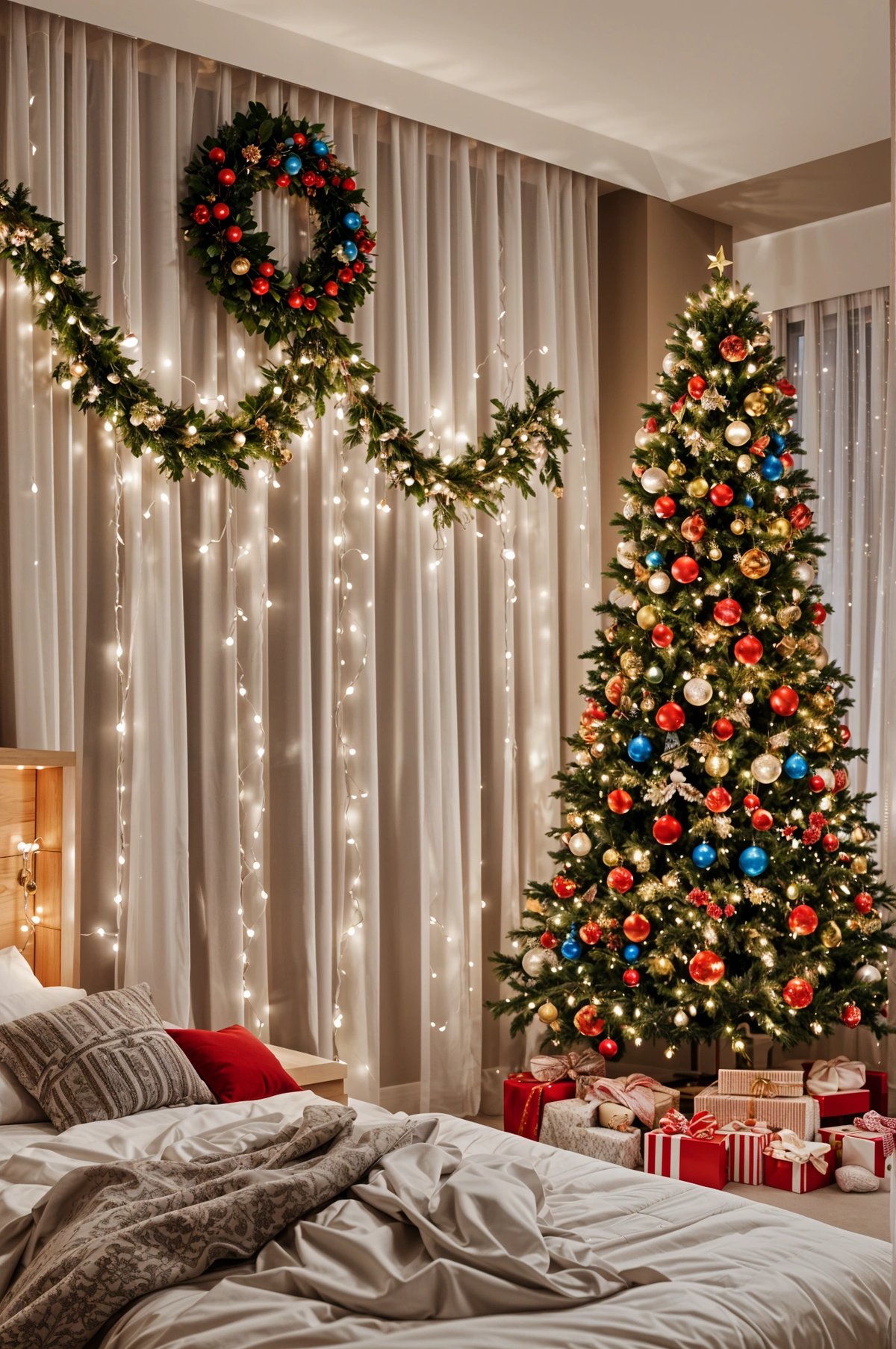 A bedroom decorated for Christmas with a tree and presents underneath it.