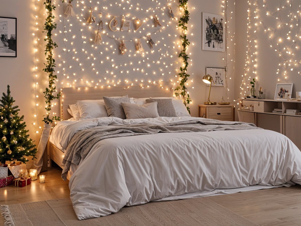 A bedroom with a large bed and lights on the wall. The bed is covered in a white comforter and has a white sheet. The bed is adorned with pillows and a blanket. The room is decorated with lights on the wall, creating a cozy and inviting atmosphere.