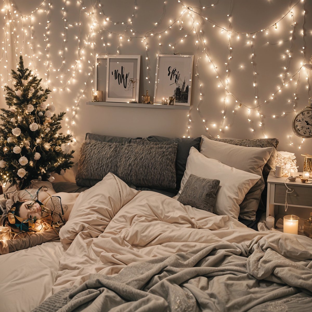 A bedroom with a bed under a Christmas tree and Christmas lights. The bed is covered with a white comforter and has decorative pillows.