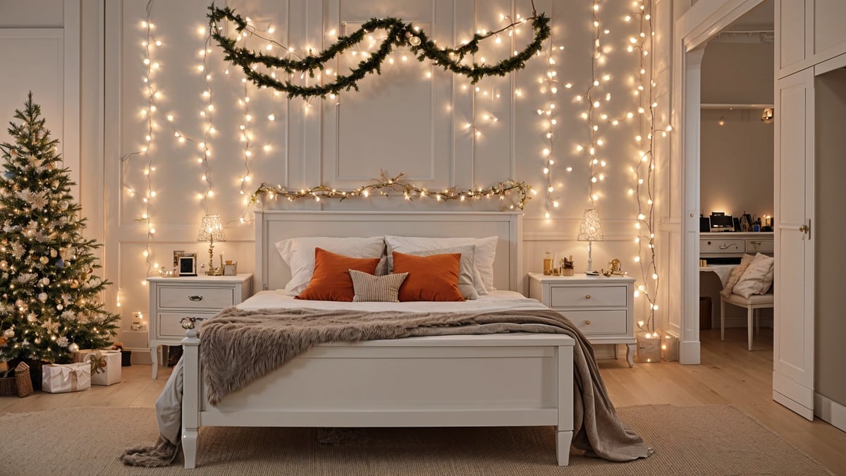 A bedroom with a white bed and orange pillows under Christmas lights.
