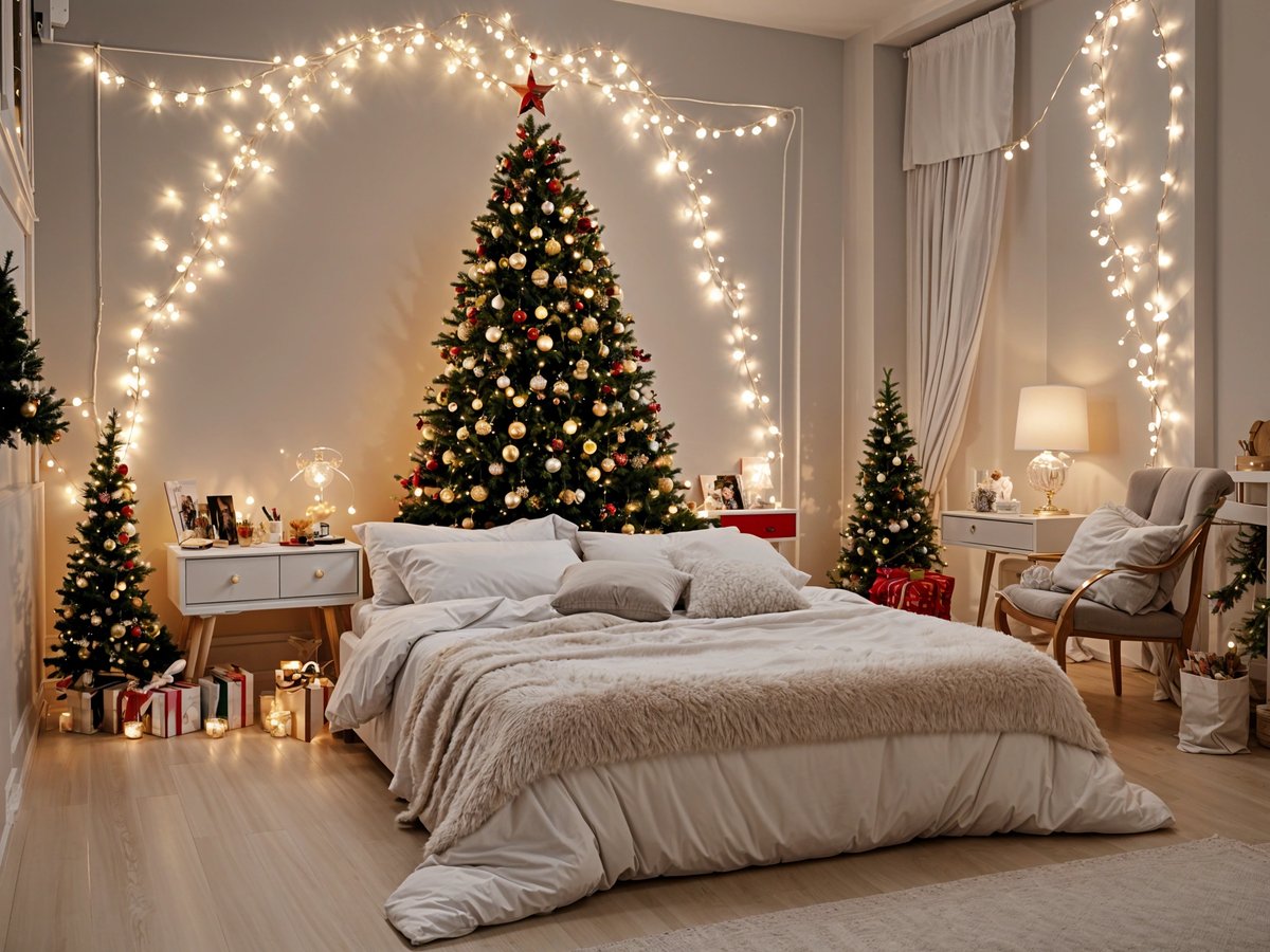 A cozy bedroom with a Christmas tree and lights