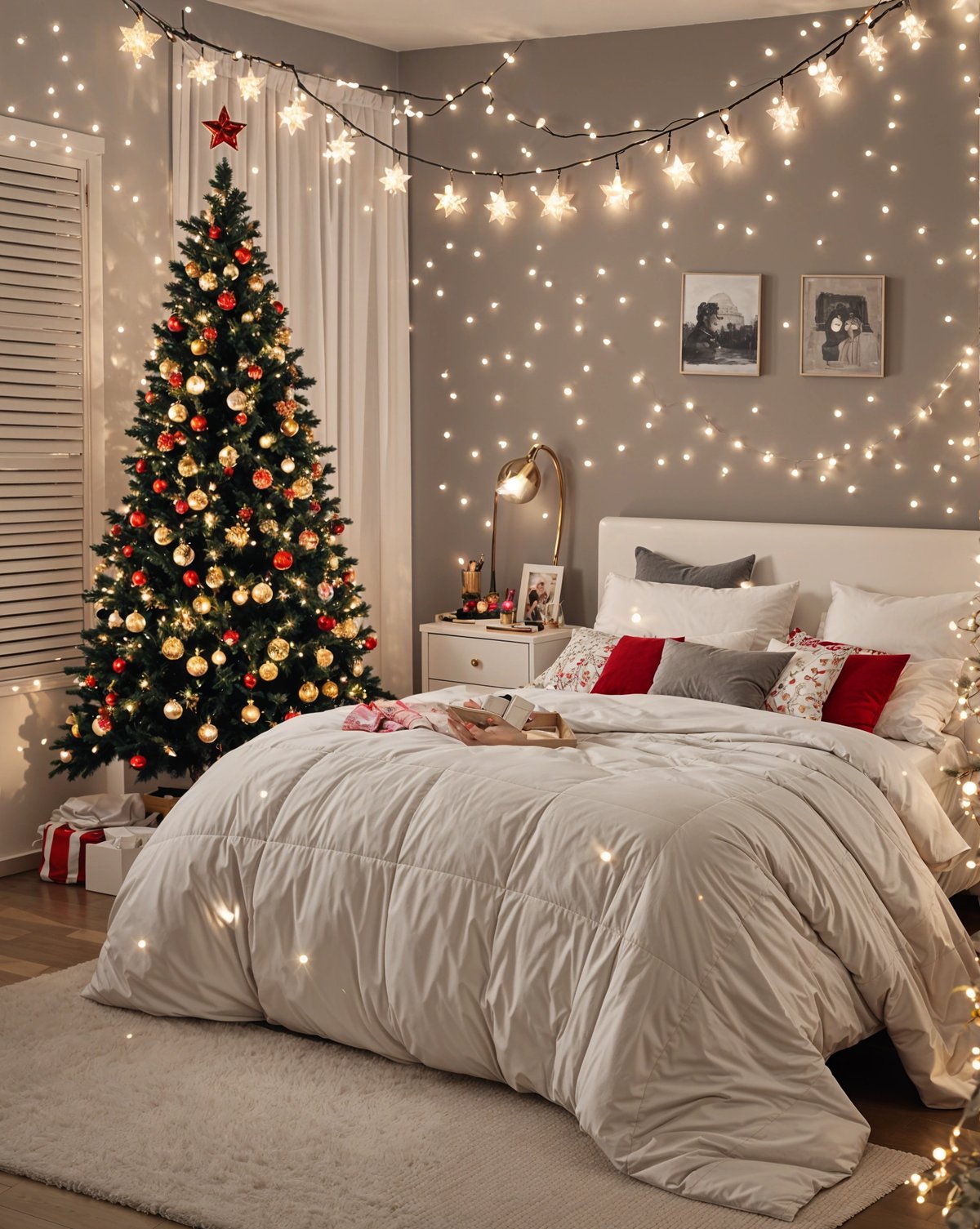 A bedroom decorated for Christmas with a bed and a Christmas tree in the corner.