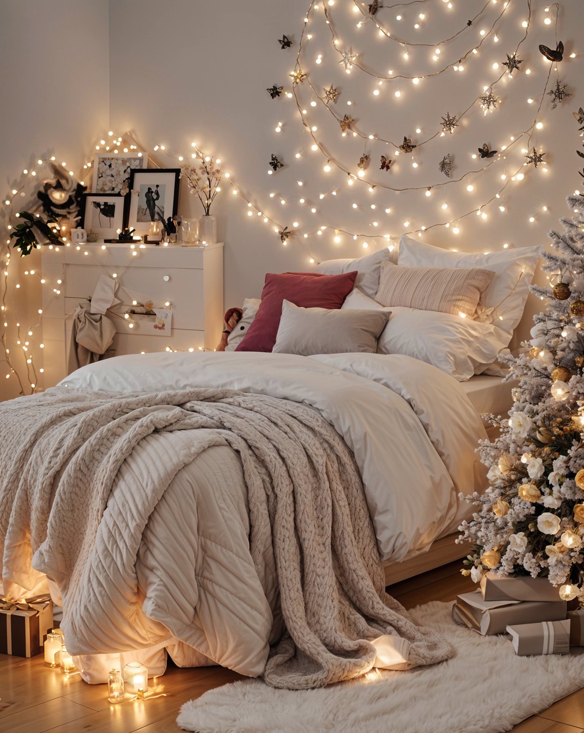 A bedroom decorated for Christmas with a bed, lights, and a Christmas tree.