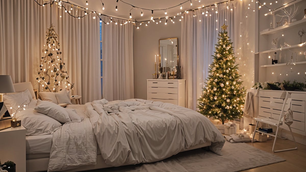 A bedroom with a bed and a Christmas tree. The bed is covered in white sheets and a white comforter. The room is decorated with Christmas lights and a mirror.