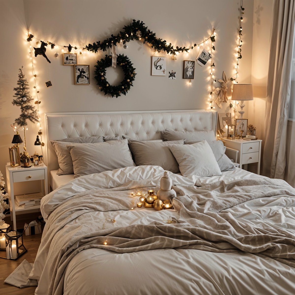 A bedroom with a white bed and Christmas decorations. The bed is covered in a white comforter and has a few pillows on it.