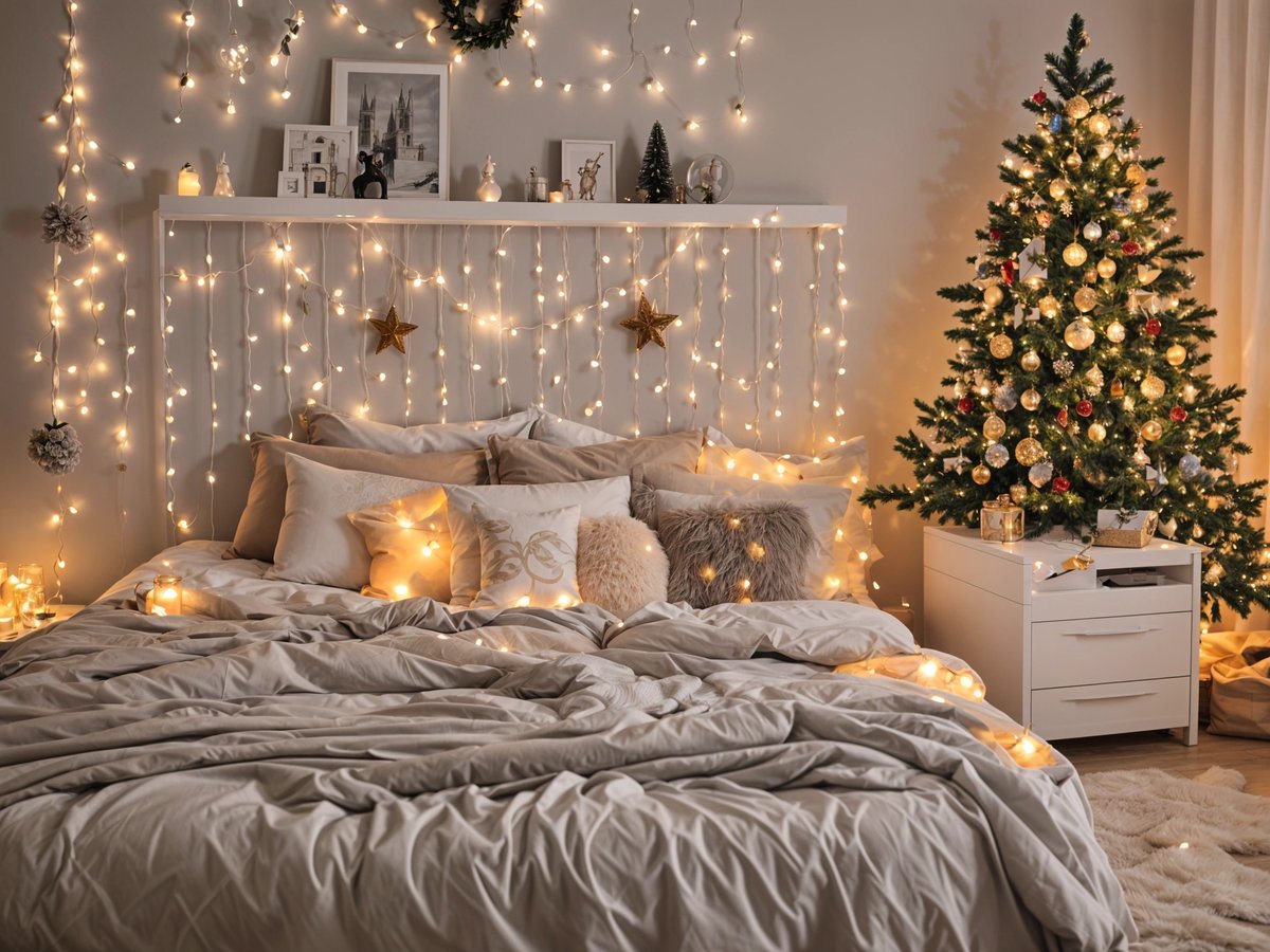 A bedroom with a bed, Christmas tree, and lights.