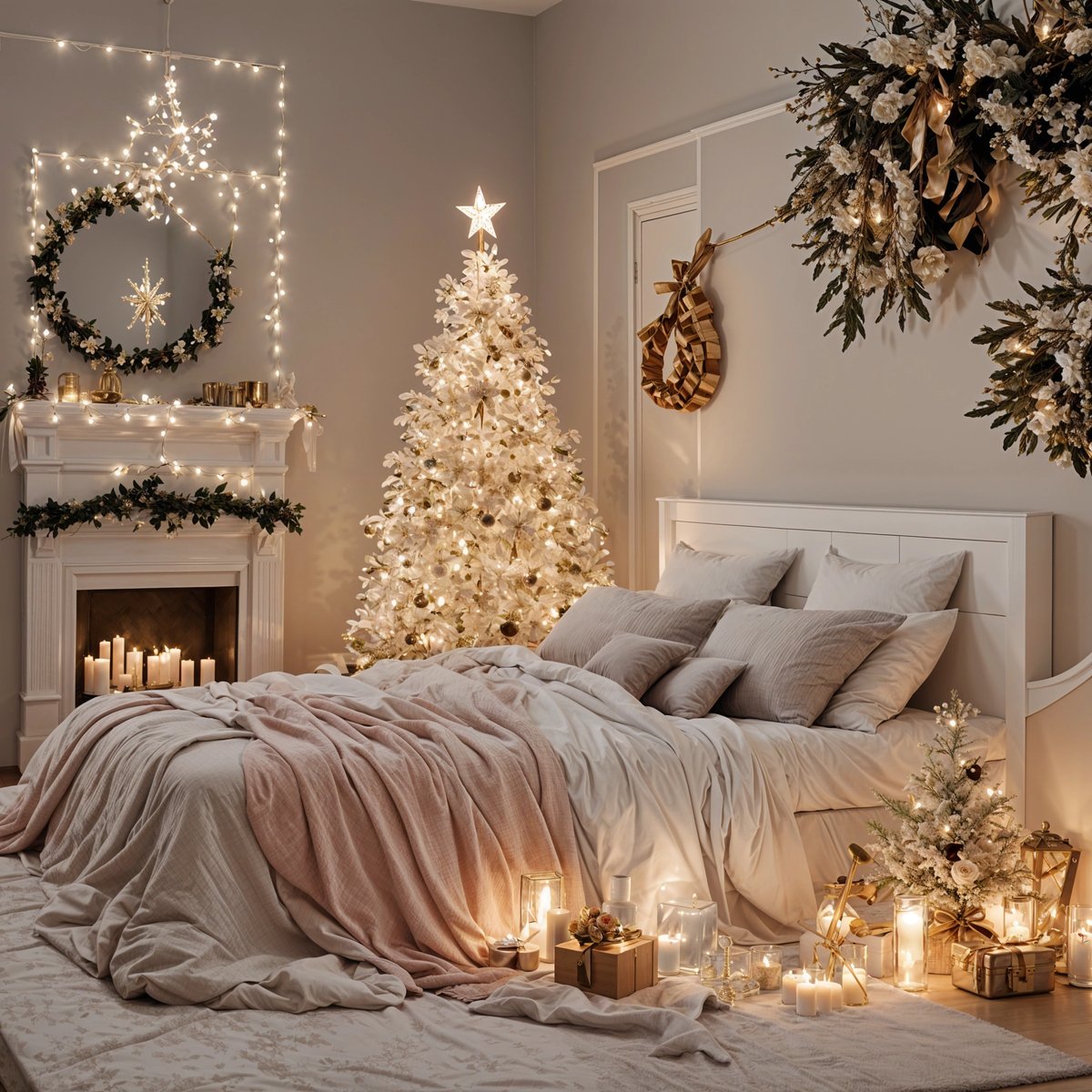 Bedroom scene with a white bed, Christmas tree, and candles. The bed is covered with a pink blanket and pillows, and the room is decorated with white and gold accents.