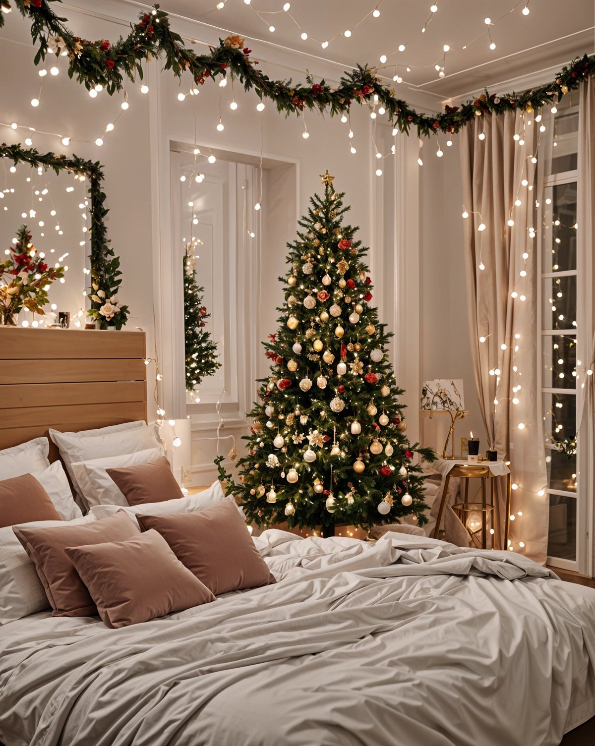 A bedroom with a Christmas tree and a bed with white sheets and pillows.