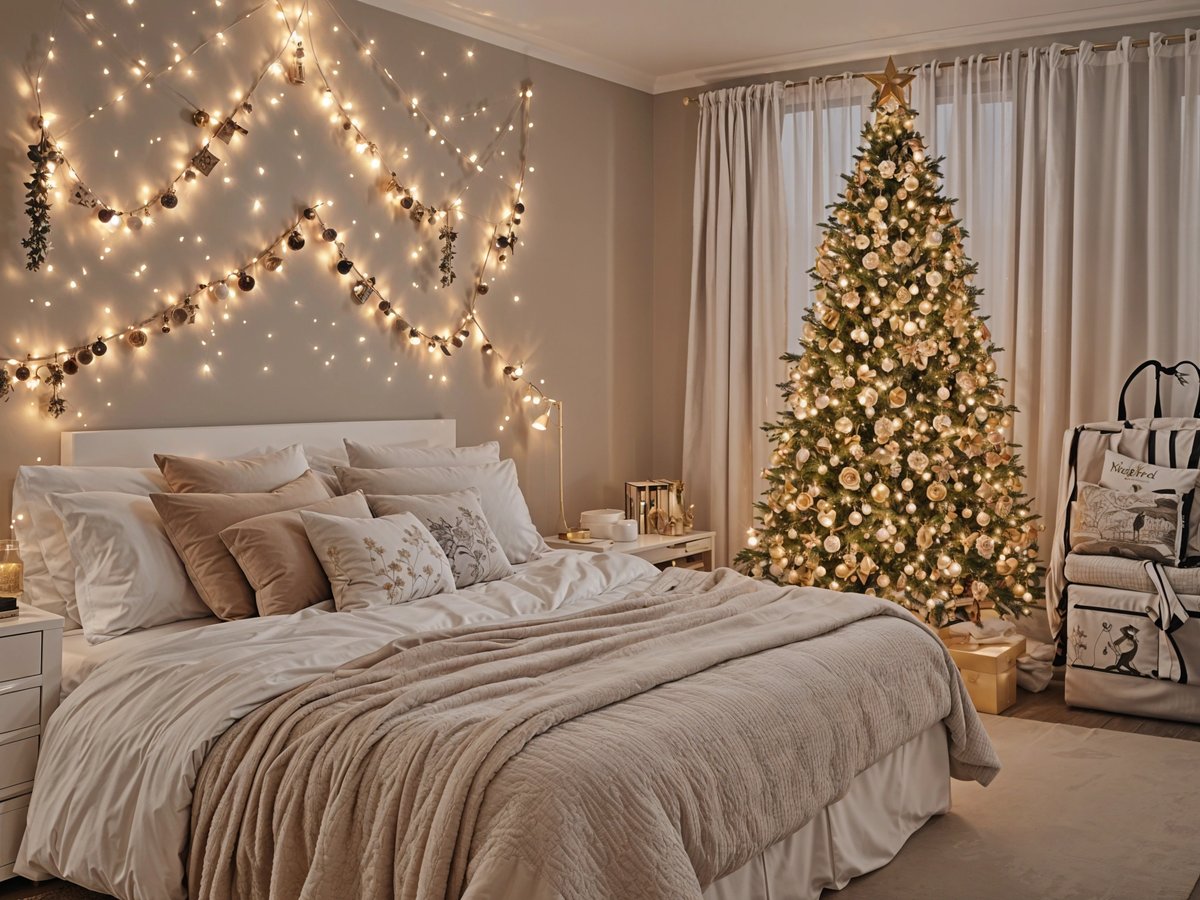 A bedroom with a white bed and a Christmas tree. The bed is covered with a white comforter and there are white pillows on it. The room is decorated with lights and a star garland.