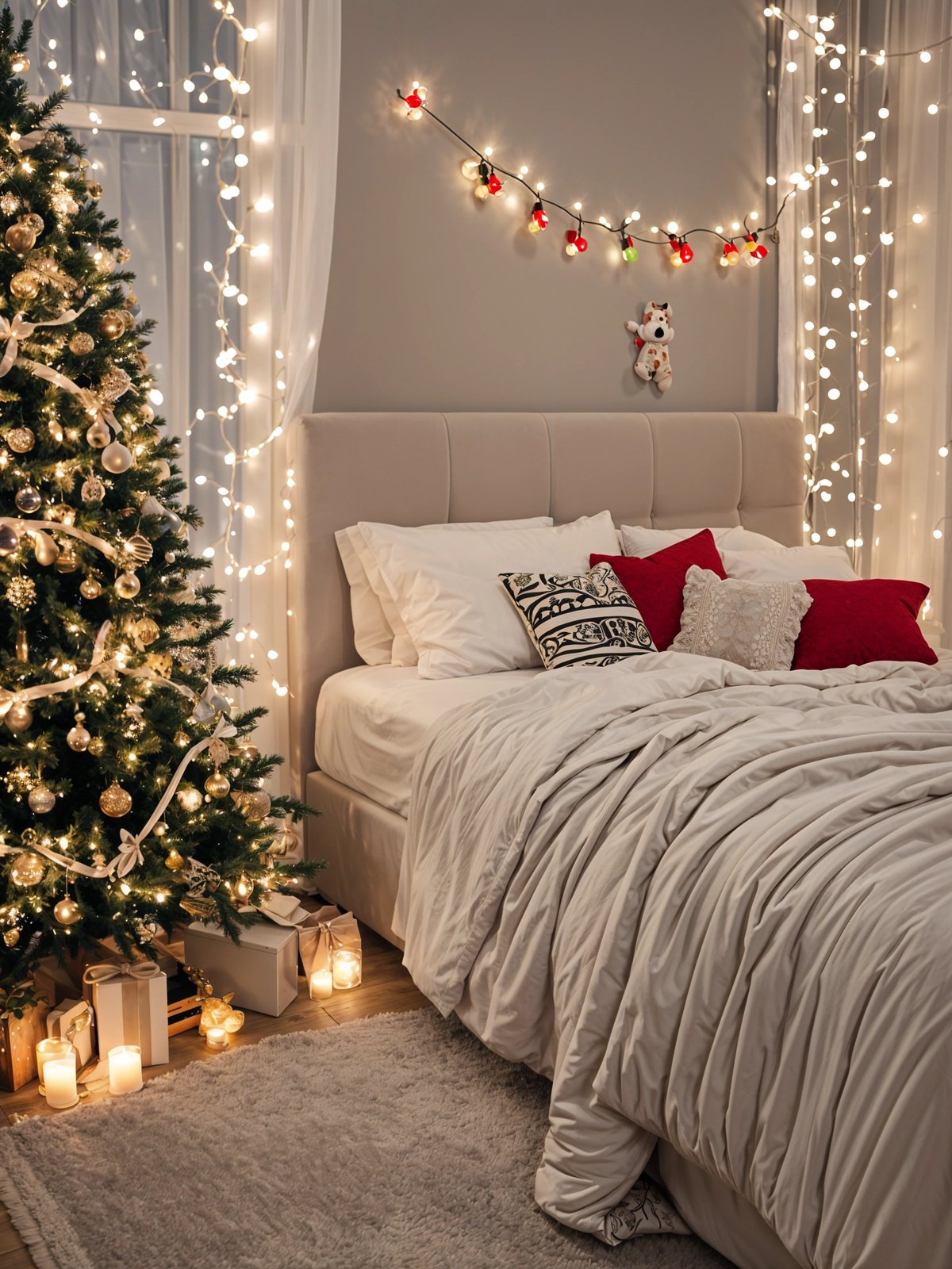 A bedroom with a bed and a Christmas tree in the corner. The bed is covered with a white comforter and has a few pillows on it. The room is decorated with Christmas lights and ornaments.