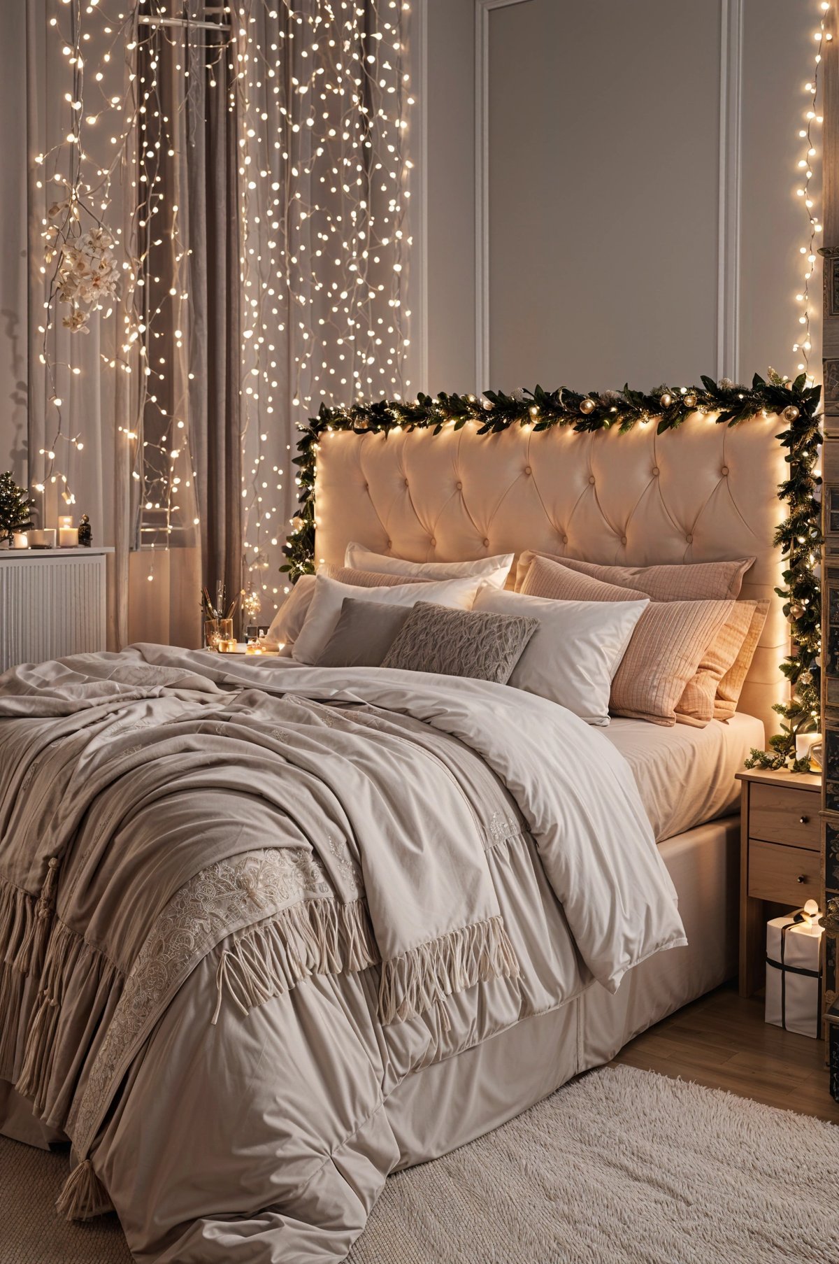 A bedroom with a large bed, white sheets, and a white comforter. The bed is topped with a white throw and has a white pillow. The room also features a window with lights on it.