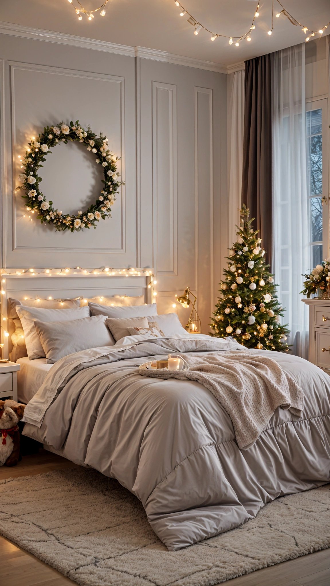 Bedroom with a bed, mirror, Christmas tree, and lights